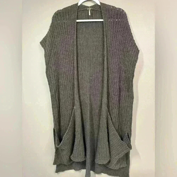 Free People gray brown Maxi Cardigan Sweater with oversized Pockets size medium - Picture 5 of 10